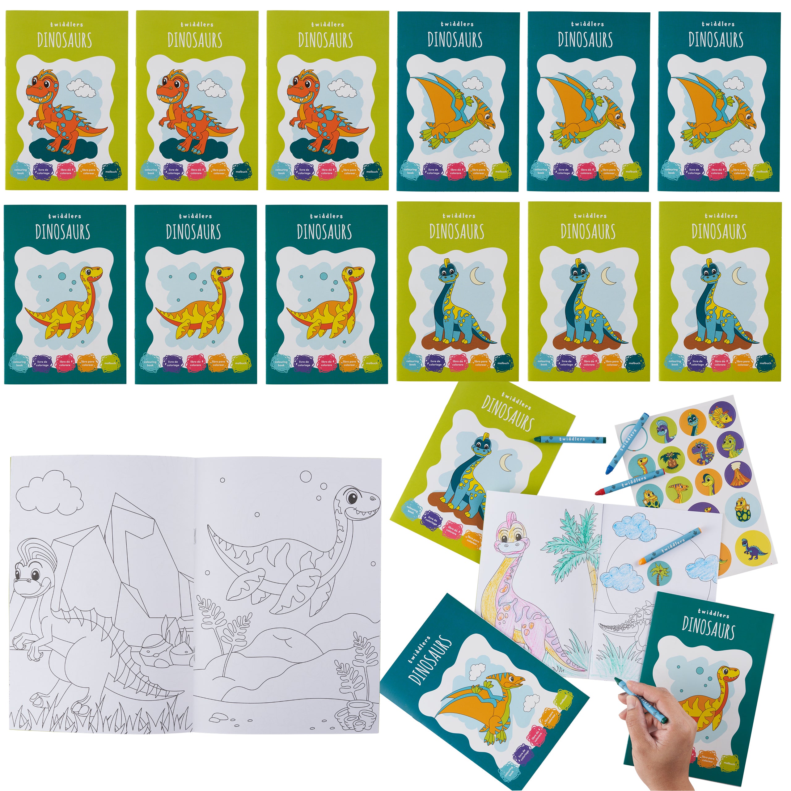 12 Dinosaur Colouring Books with Crayons & Stickers