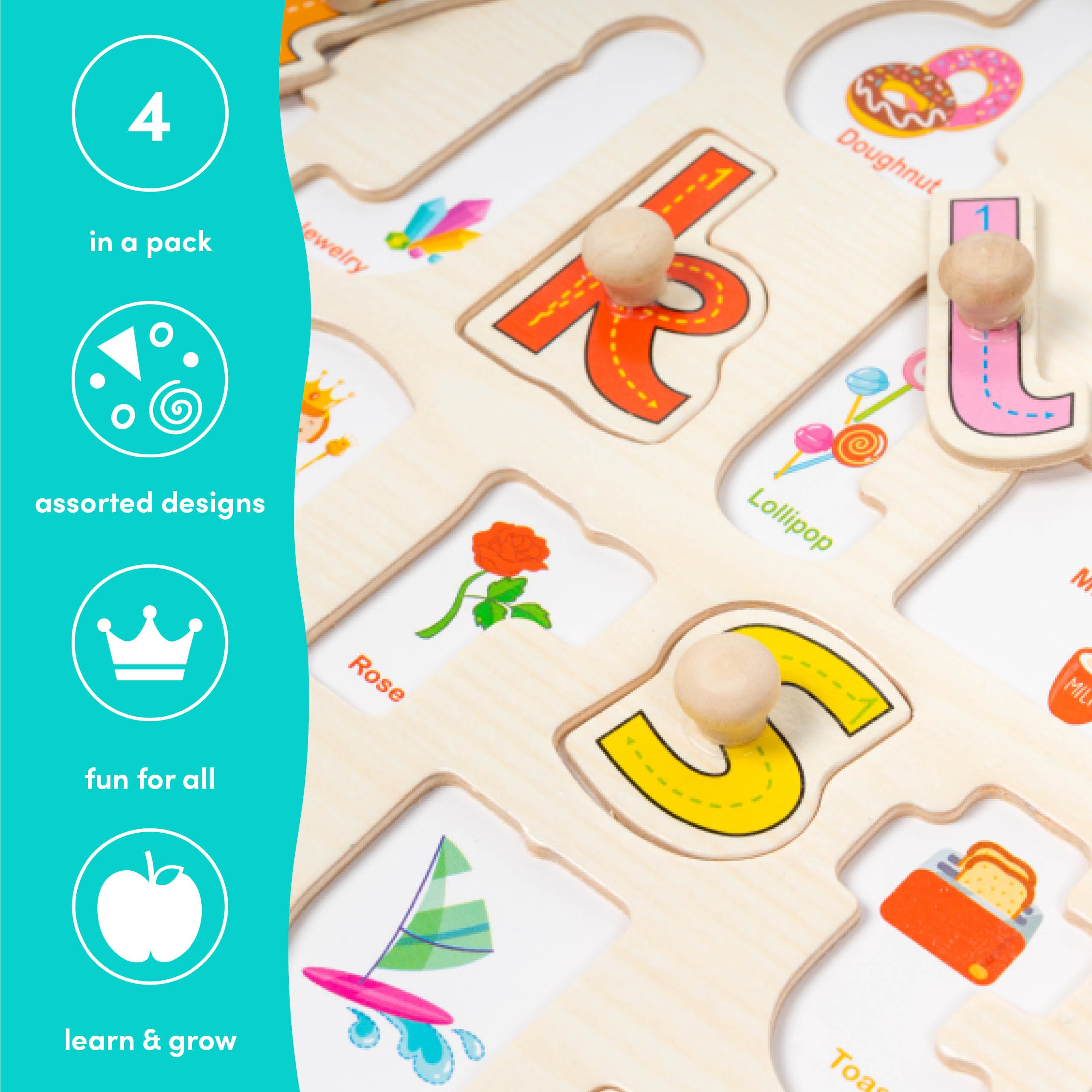 4 Early Learning Educational Wooden Peg Puzzles
