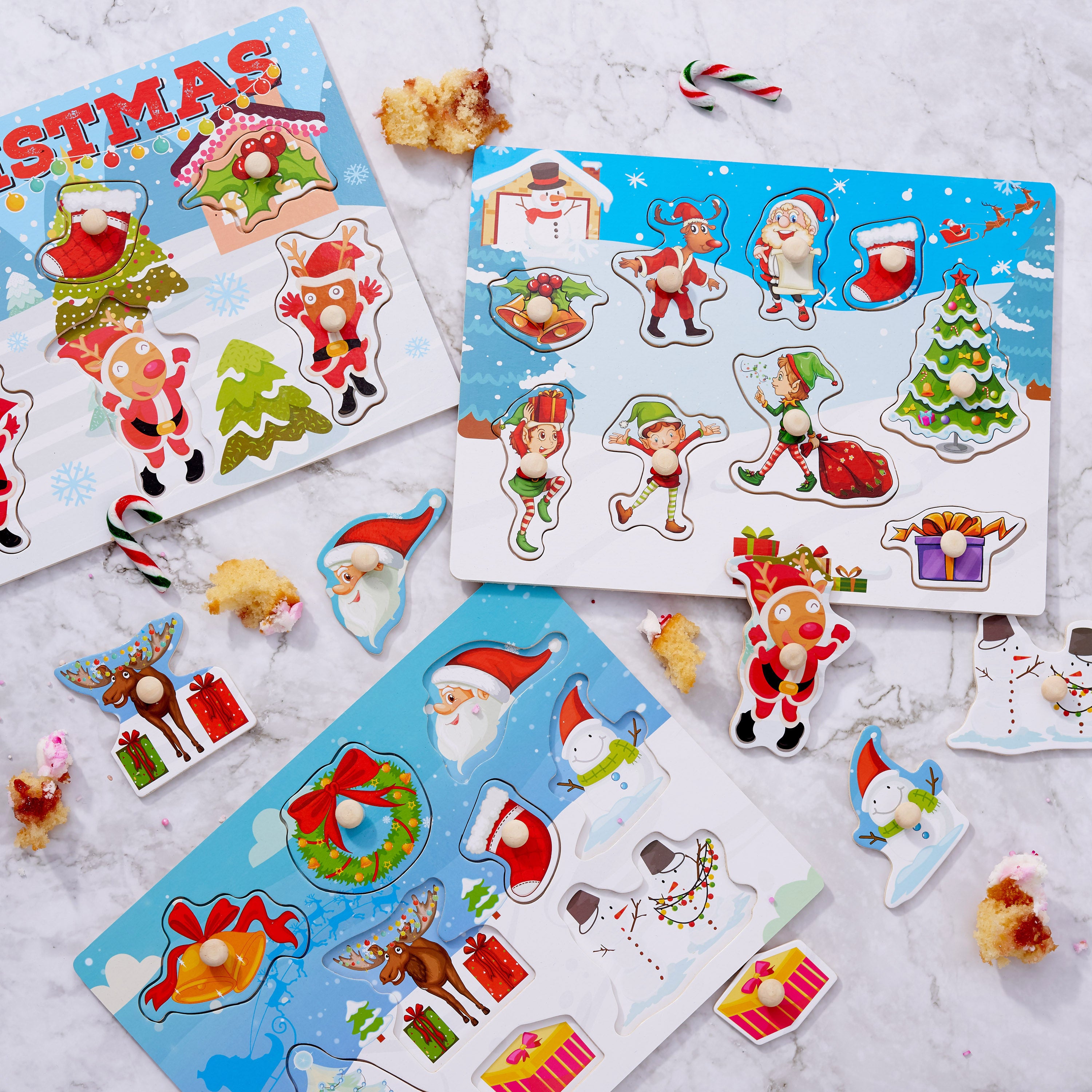 3 Christmas Wooden Peg Puzzles