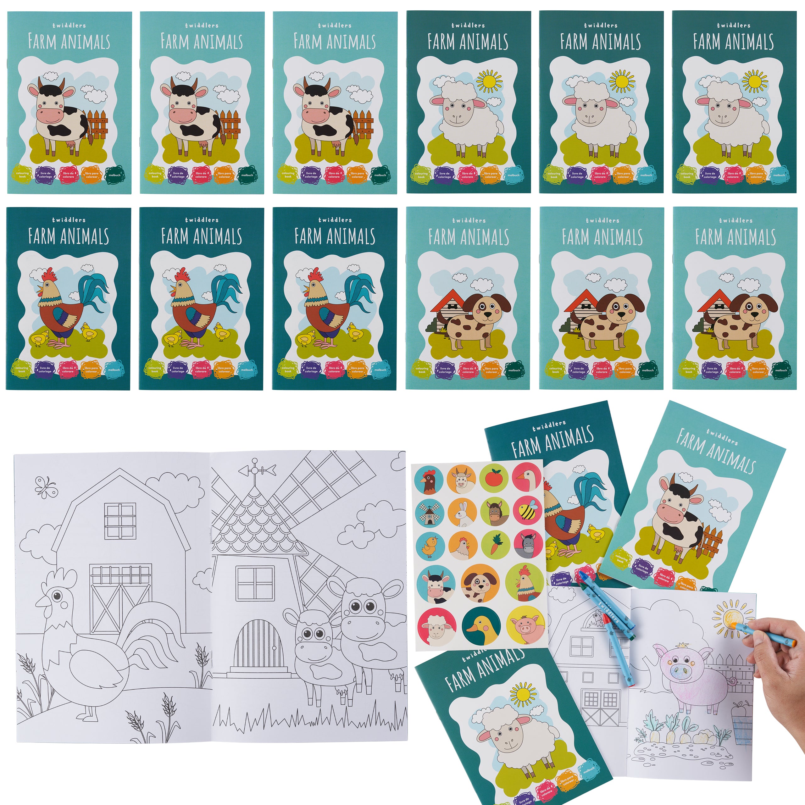 12 Farm Animals Colouring Books with Crayons & Stickers