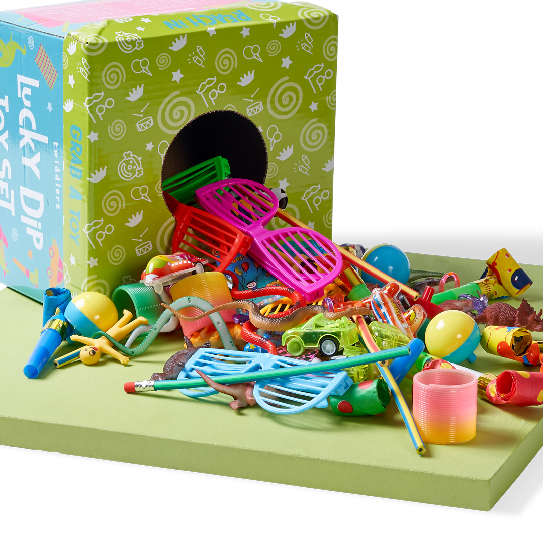 THE TWIDDLERS - 100 Lucky Dip Box Party Favours for Kids, Pass The Parcel,  Assorted Pinata & Party Bag Fillers, Classroom Game Prizes with Gifts for